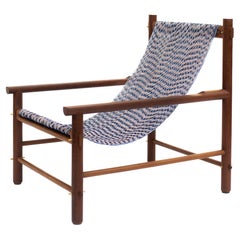 Handcrafted Solid Wood Hammock Chair with Blue & Pale Pink Woven Detailing