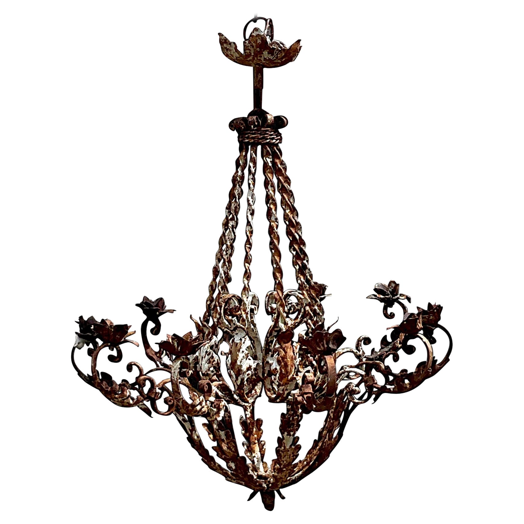 Lustre Regency vintage patiné à feuilles