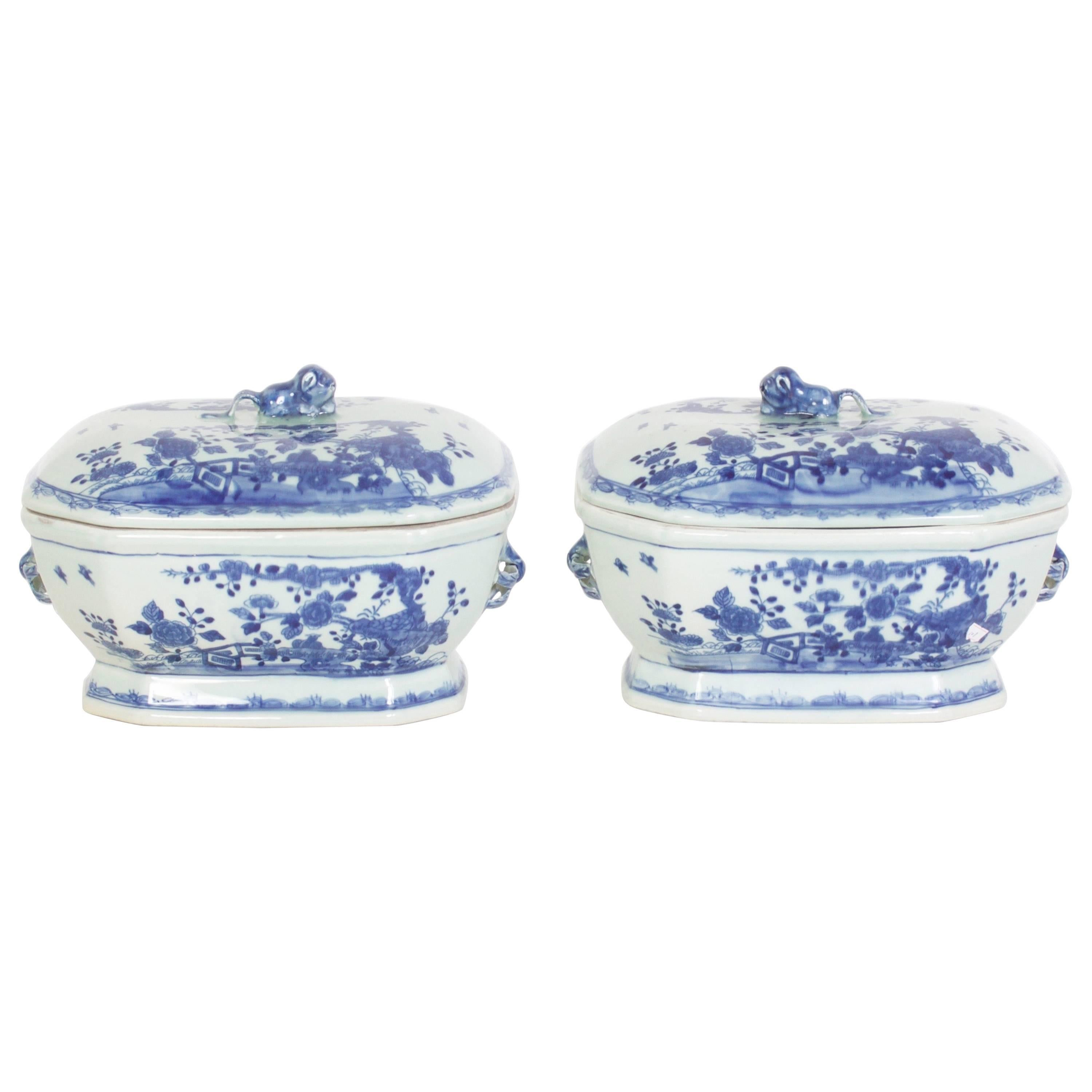 Chinese Export Style Blue and White Porcelain Lidded Tureens