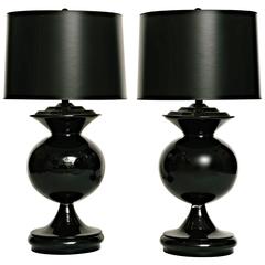 Pair of Black Glass Deco Style Lamps