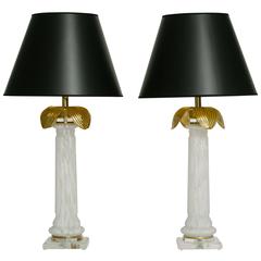 Pair of Murano Glass Lamps with Brass and Lucite Detail