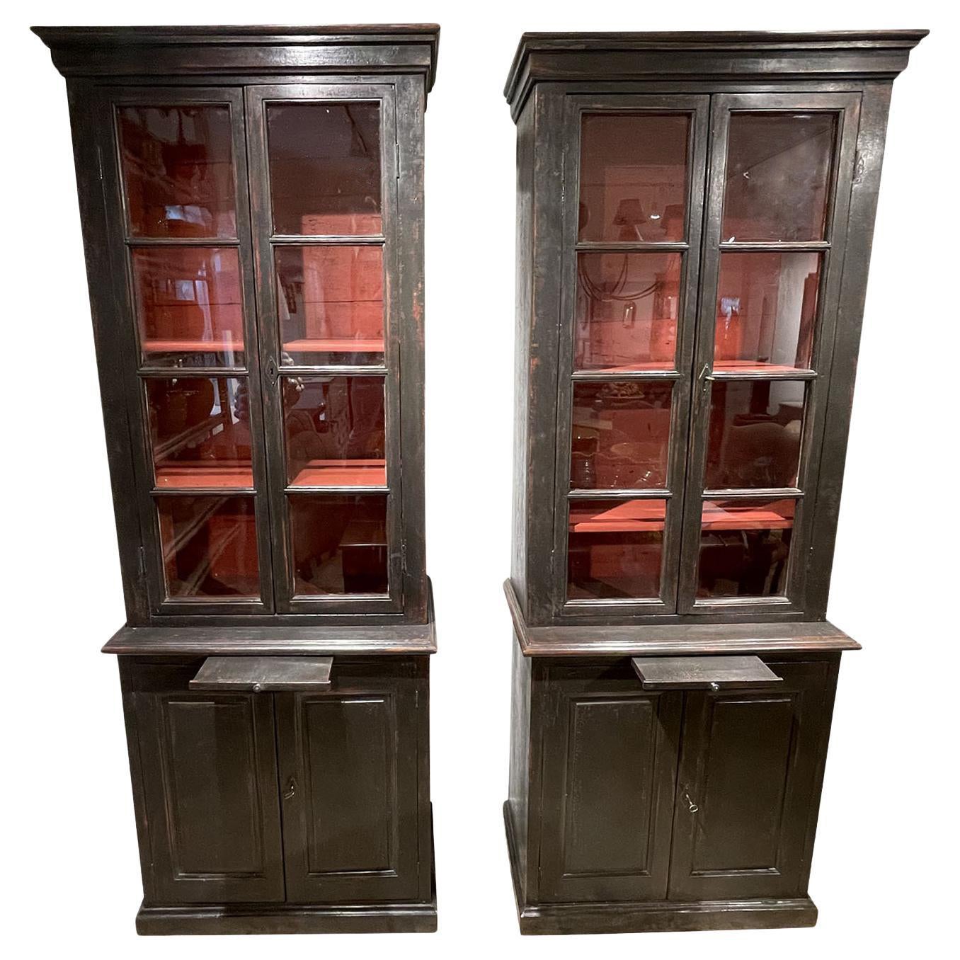 19th Century French Pair of Antique Provincial Sprucewood Bookcases, Cabinets For Sale