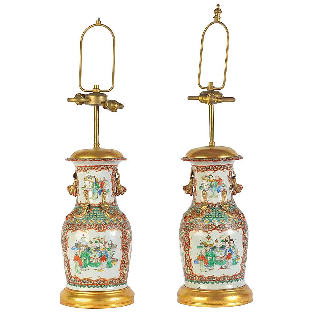 Pair 19th Century Chinese Canton Vases / Lamps