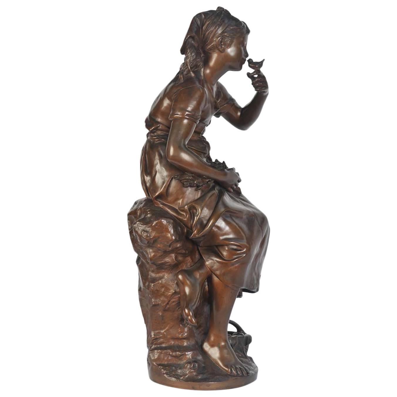 Mathurin Moreau Bronze Statue of Young Girl