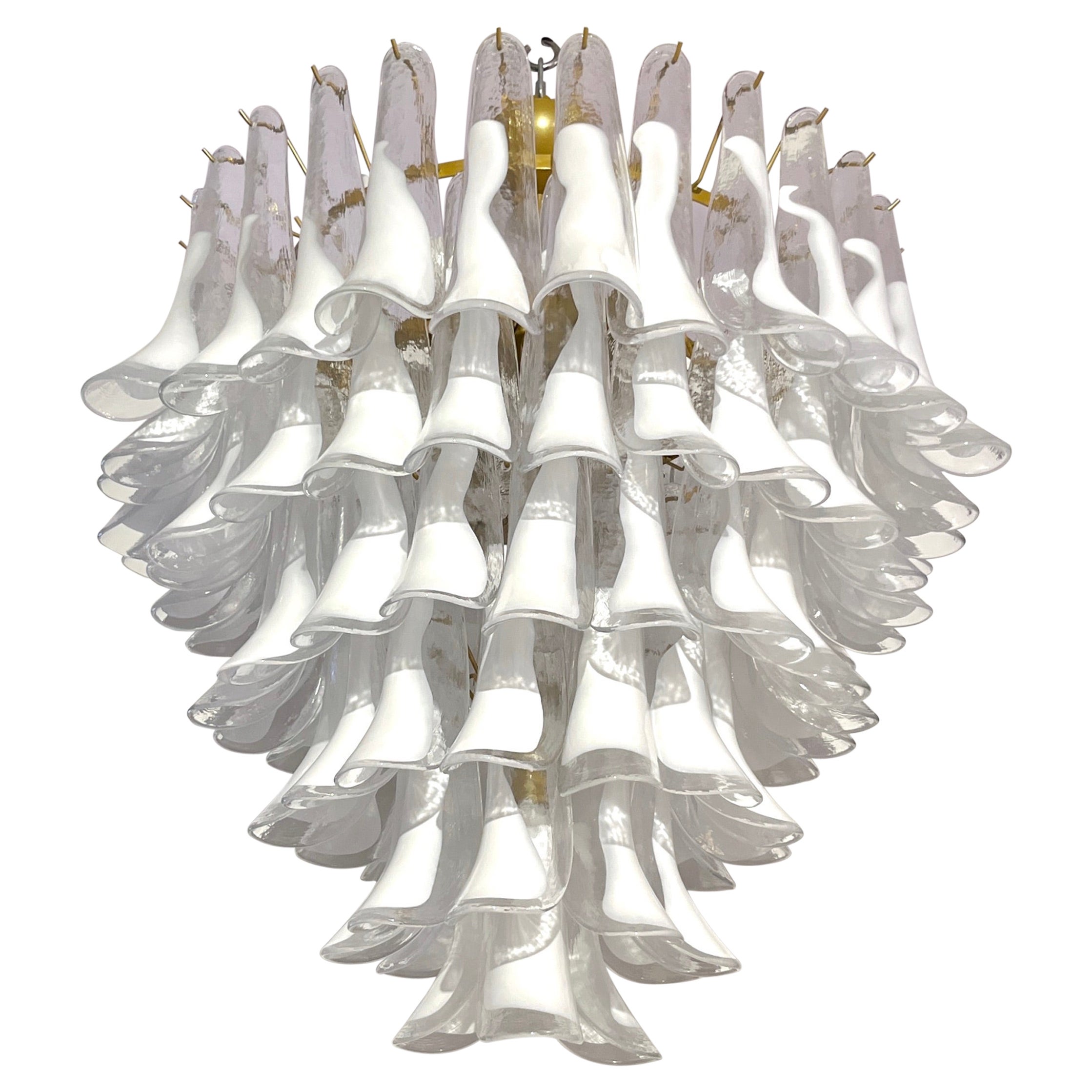 Italian Modern White and Crystal Clear Saddle Leaf Murano Glass Gold Chandelier