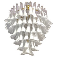 Italian Modern White and Crystal Clear Saddle Leaf Murano Glass Gold Chandelier
