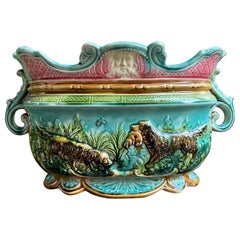 Antique French Majolica Barbotine Jardinière Hunt Dog Onnaing Cache Pot Planter