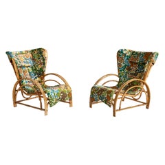 Swedish Designer, Lounge Chairs, Bamboo, Rattan, Fabric, Sweden, 1940s