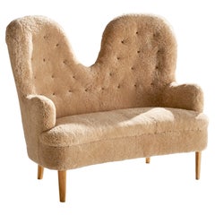 Swedish Designer, Sofa, Wood, Shearling, Sweden, 1940s