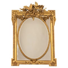 Grande Antique French Louis XVI Giltwood Gilt Composition Mirror Lovebirds 1870