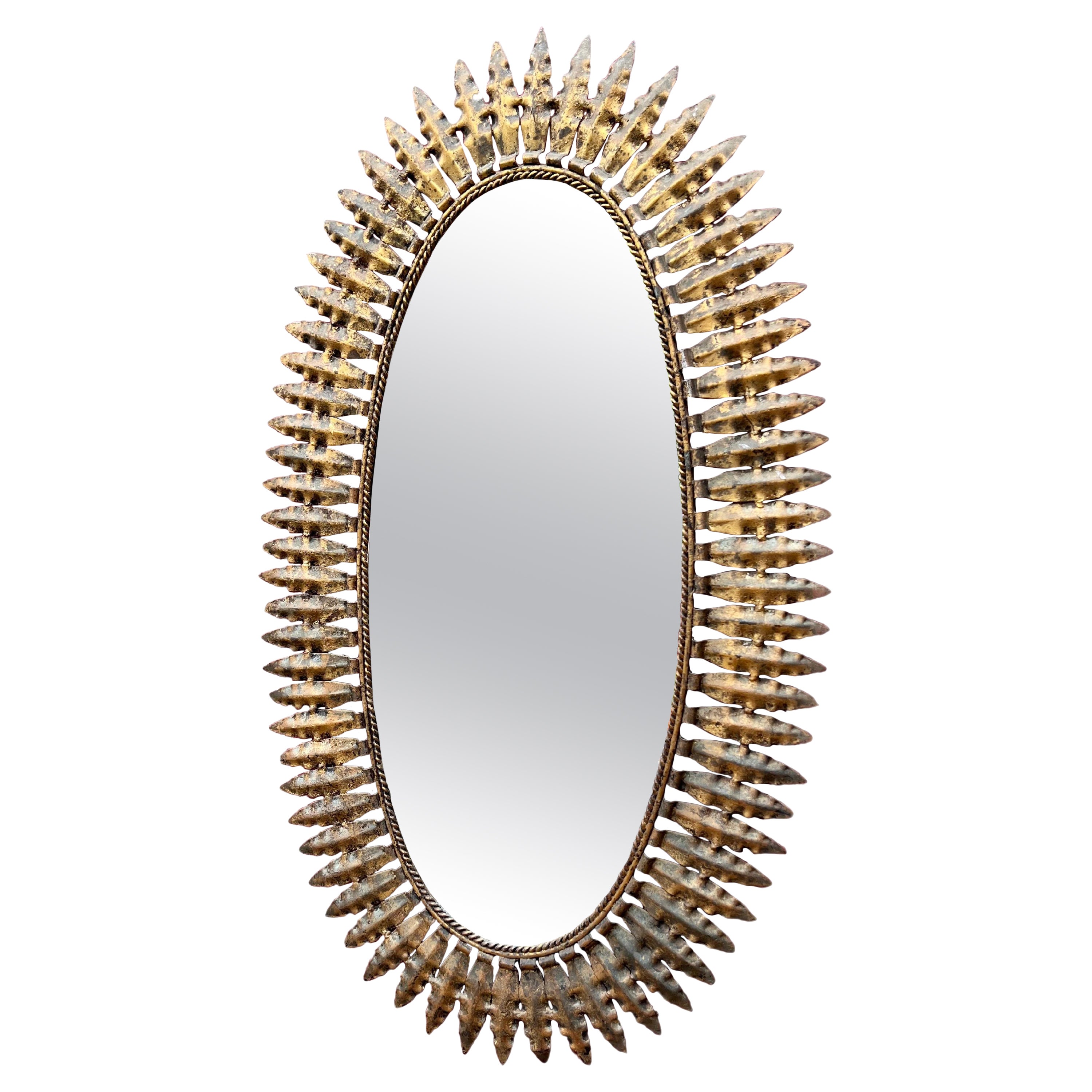 Large Spanish 1950's Oval Gilt Metal Sunburst Mirror