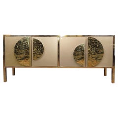 Italian Birch Sideboard Embellished with Gold Murano Glass and Brass Handles