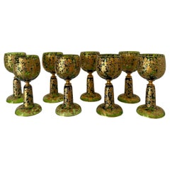 Set of 8 Antique German Gold Encrusted Green Glass Goblets by Moser, Circa 1890.