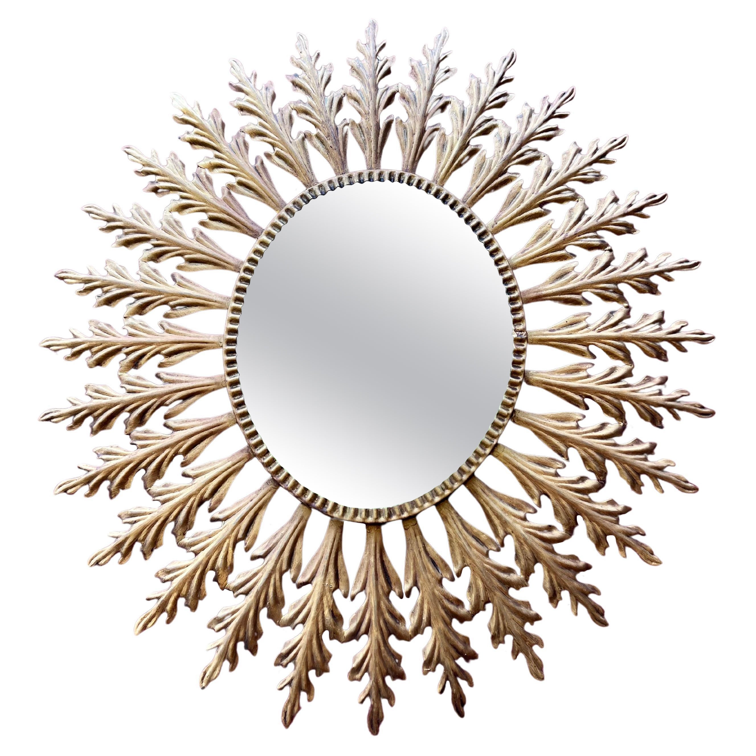 Spanish Mid-Century Oval Sunburst Gilt Metal Mirror
