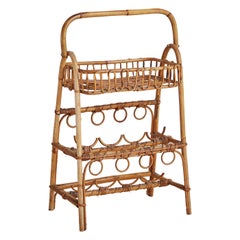 Portabottiglie in bambù e rattan con contenitore per vini, Italia 1960