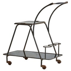 Black Glass + Metal Two-Tier Bar Cart with Shell Handle Tray, France 1950s