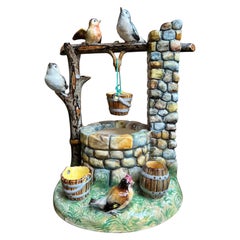 Antique French Majolica Bird Wishing Well Flower Holder Cache Pot Jerome Massier