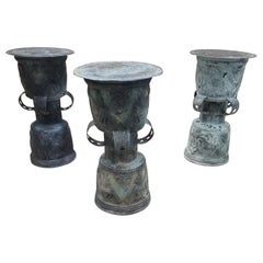 Antique Balinese Hammered Bronze Rain Drum Garden Stool/Plant Stand - Set of 3