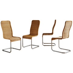 Set of 4 'B 25' Wicker + Chrome Cantilever Dining Chairs by Tecta, Germany 1980s