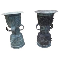 Antique Balinese Hammered Bronze Rain Drum Garden Stool/Plant Stand - Set of 2