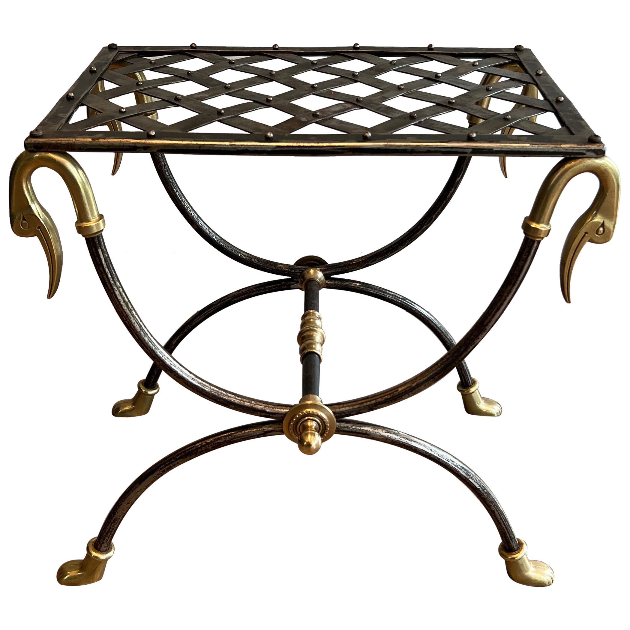 Neoclassical Style Steel and Brass Curule Stool Attributed to Maison Jansen