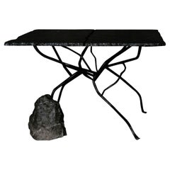 Rectangular Black Marble Table with Irregular Branch & Stone by Andres Monnier
