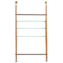 Large Wood + Glass Wall Mounted Shelf with Brass Details, Italy 1950s