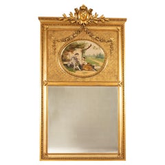 Large 6ft+ Antique Louis XV French Gilded Hand-Painted Trumeau Wall Mirror 1860