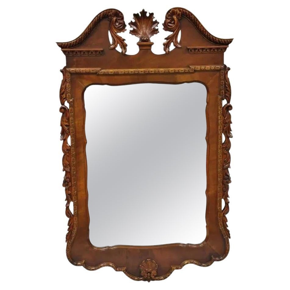 Vintage Chippendale Style Shell Carved Mahogany Broken Arch Wall Mirror