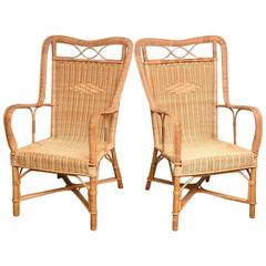 Superb Pair of French Provence Vintage Rattan Armchairs