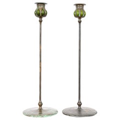 Tiffany Studios New York Bronze and Green Favrile Glass Puddle Candlesticks