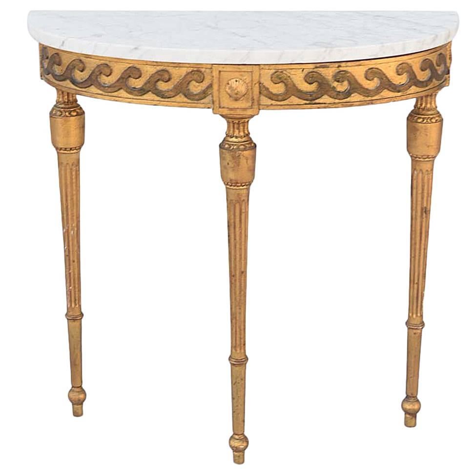 Palladio Demilune Console with Carrara Top on Giltwood Base Carved with Waves