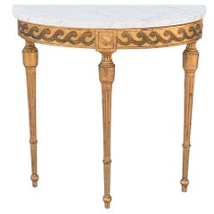 Palladio Demilune Console with Carrara Top on Giltwood Base Carved with Waves