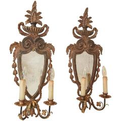 Pair of Italian Carved Wood Sconces with Mirrored Backplate