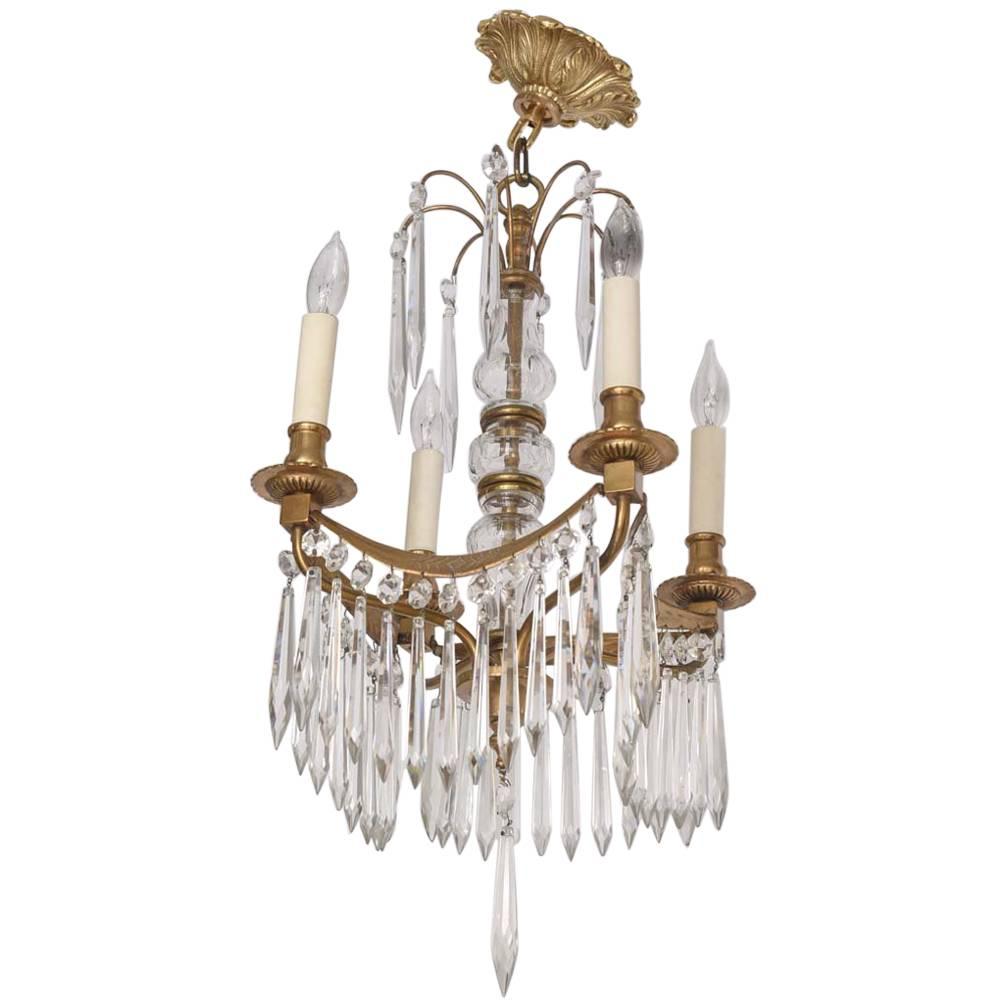 19th Century Louis XVI, Gustavin Style Four-Light Bronze and Crystal Chandelier For Sale