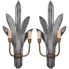 Pair of Hollywood-Regency Two-Light Smoked-Mirror and Bronze Wall Sconces