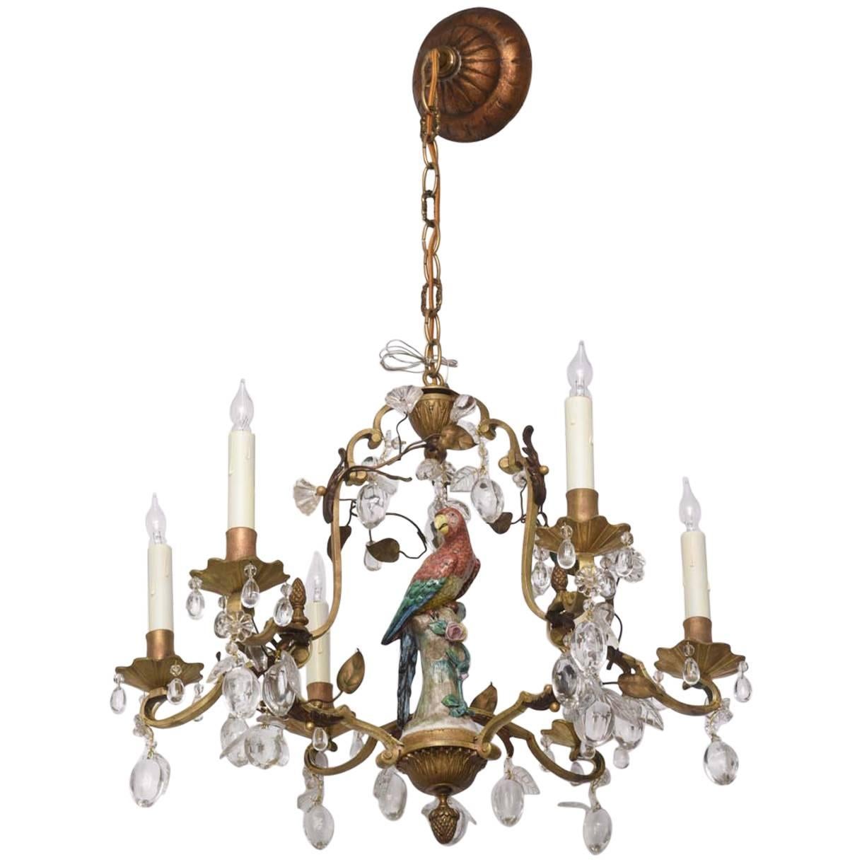 Louis XV Style Bronze Chandelier with Meissen Parrot, Crystal Plums and Flowers