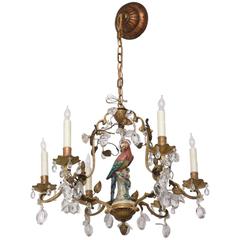 Antique Louis XV Style Bronze Chandelier with Meissen Parrot, Crystal Plums and Flowers