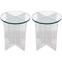 Pair of Bespoke Round Lucite and Glass Side Tables