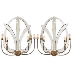 Pair of Hollywood-Regency Style Four-Light Mirrored Wall Sconces, Italy, 1960s