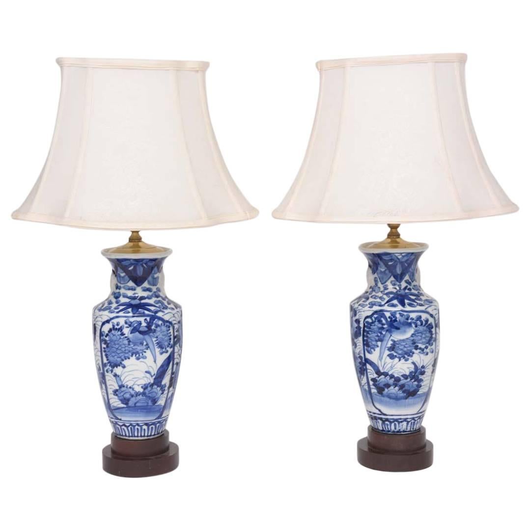 Pair of 19th Century Blue and White Chinese Export Vases Mounted as Lamps