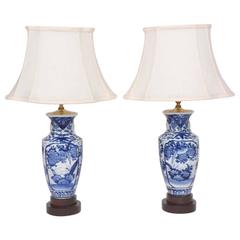 Antique Pair of 19th Century Blue and White Chinese Export Vases Mounted as Lamps