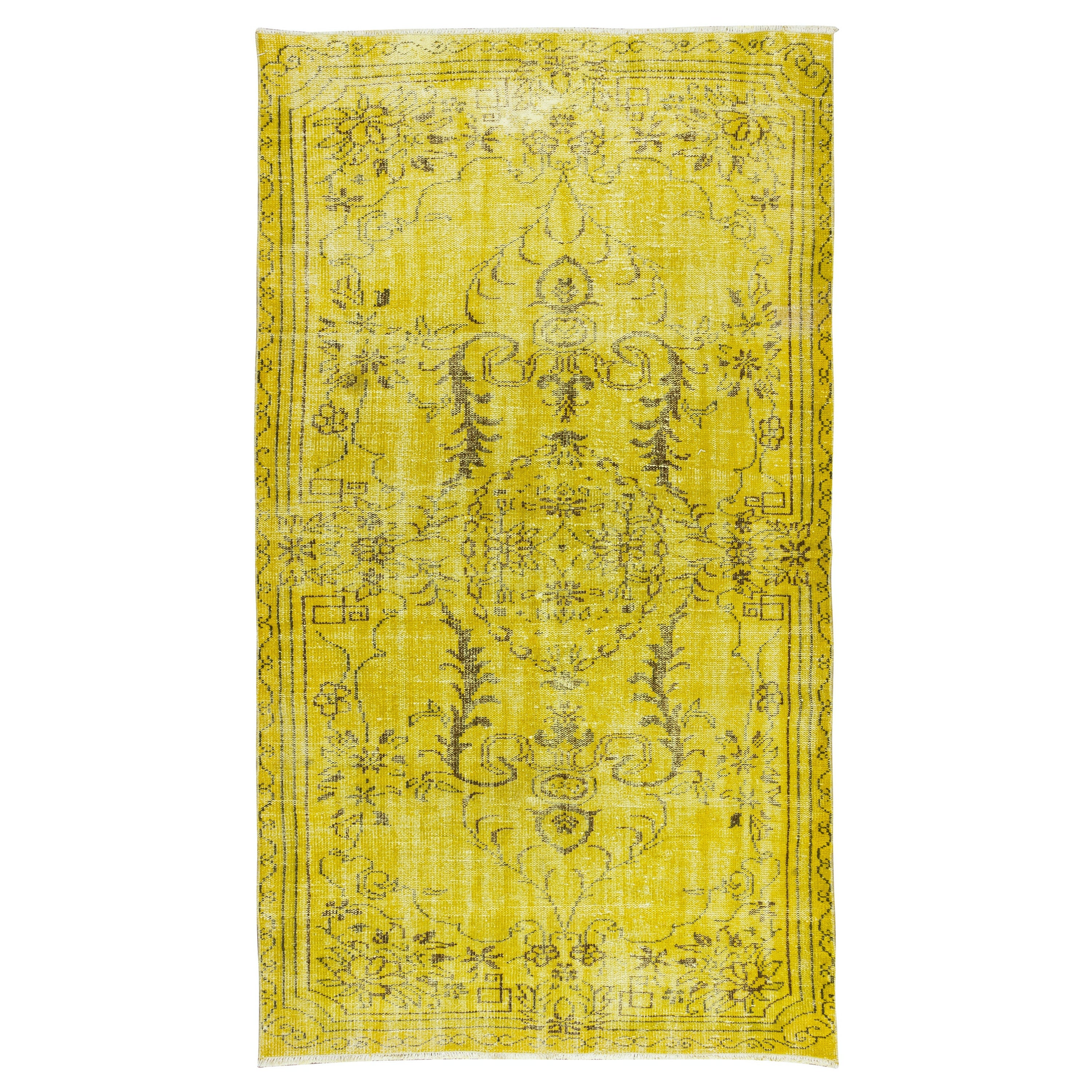 5x9 Ft Yellow Handmade Area Rug with Medallion Design, Modern Turkish Carpet
