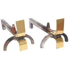 Set of Polished Brass and Wrought Iron Art Deco Style Fireplace Andirons