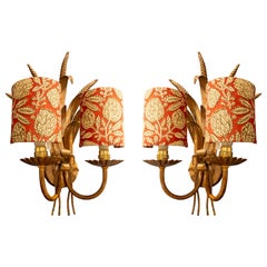 1970s Pair of Gilded Iron Wall Sconces with Leaf Decoration and Lampshades