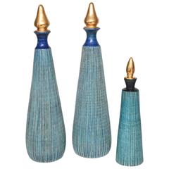 Set of Three Glazed Terra Cotta Decanters, Mid-Century Modern, Italy