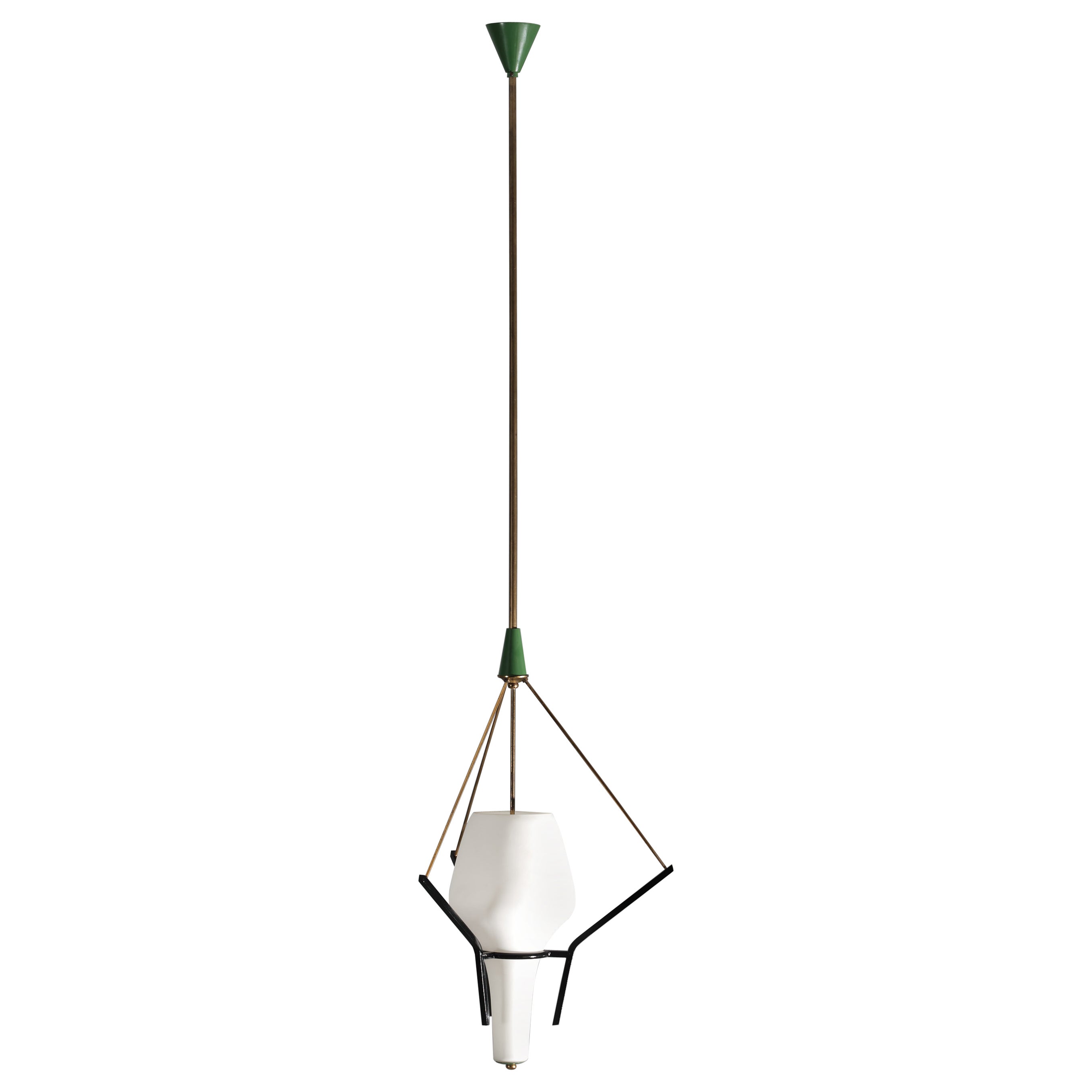 Pendant Lamp, Italian Designer, Brass, Steel, Opaline Glass, Italy, 1950s