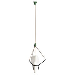 Pendant Lamp, Italian Designer, Brass, Steel, Opaline Glass, Italy, 1950s