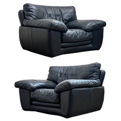Pair Vintage Post Modern Roche Bobois Black Leather Lounge Chairs, France 1990s