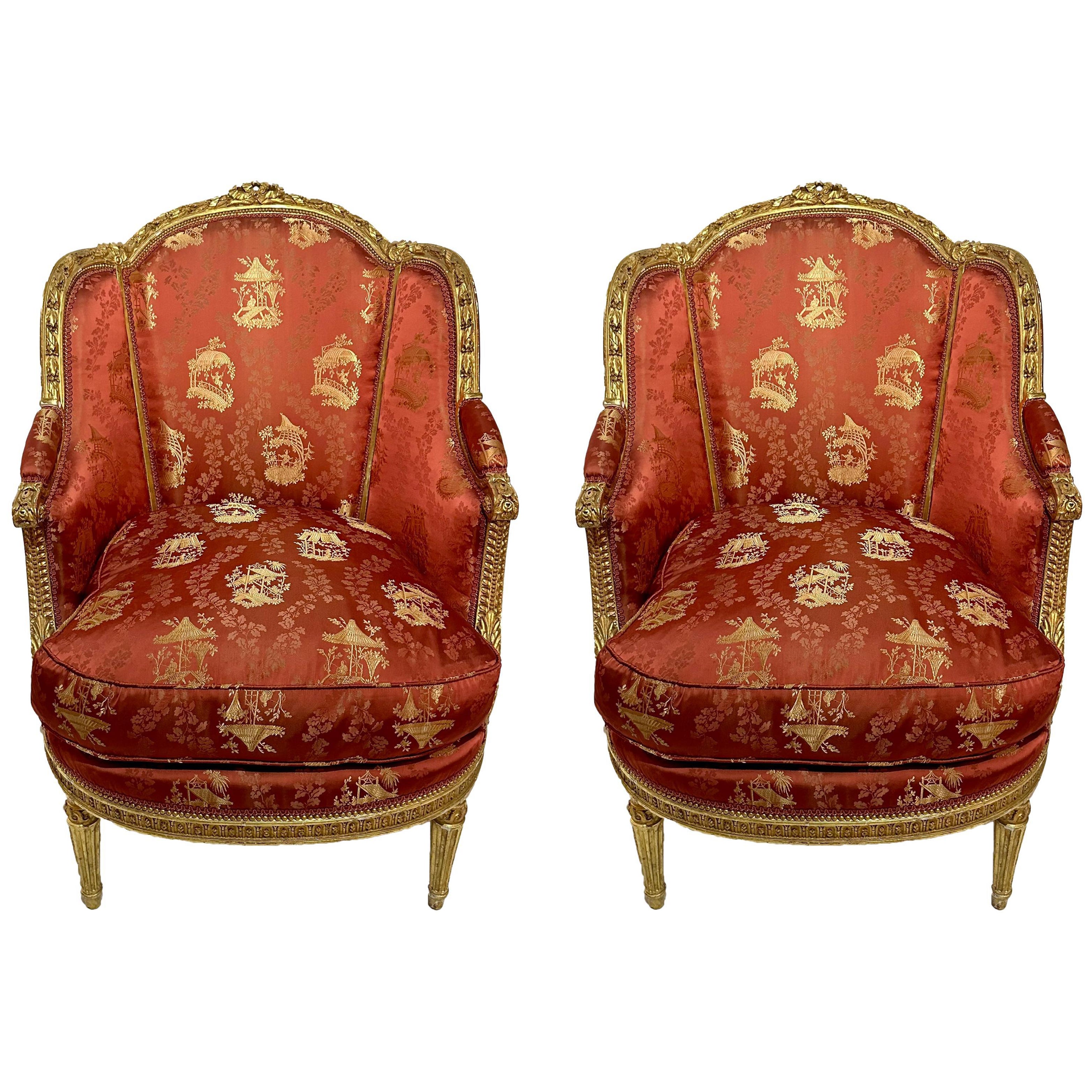 Pair Antique French Louis XVI Gold Leaf Bergères, Circa 1880.